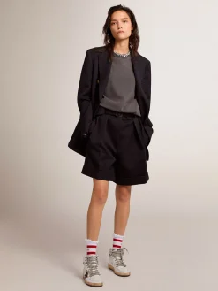 Fashion Bermuda feminina de gabardine de lã preta com cinto MULHER Saias e Shorts