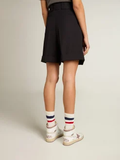 Fashion Bermuda feminina de gabardine de lã preta com cinto MULHER Saias e Shorts