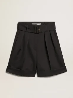 Fashion Bermuda feminina de gabardine de lã preta com cinto MULHER Saias e Shorts