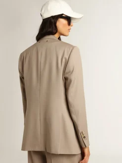 Online Blazer de abotoamento duplo de gabardine de lã bege claro MULHER Blazers