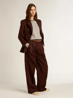 Cheap Blazer feminino de abotoamento duplo de gabardine de lã cor café MULHER Blazers