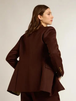 Cheap Blazer feminino de abotoamento duplo de gabardine de lã cor café MULHER Blazers