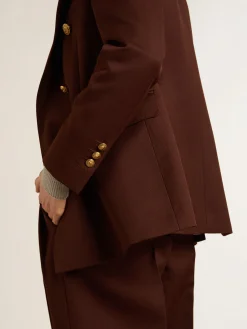 Cheap Blazer feminino de abotoamento duplo de gabardine de lã cor café MULHER Blazers