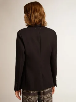 Shop Blazer feminino de abotoamento simples de gabardine de lã azul-escuro MULHER Blazers