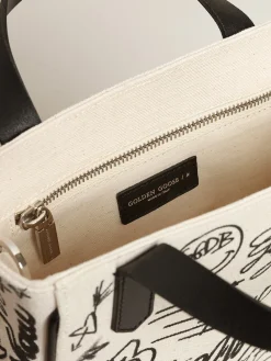 Outlet Bolsa Mini California feminina de algodão branco com estampa preta MULHER Minibolsas|Bolsas de mão