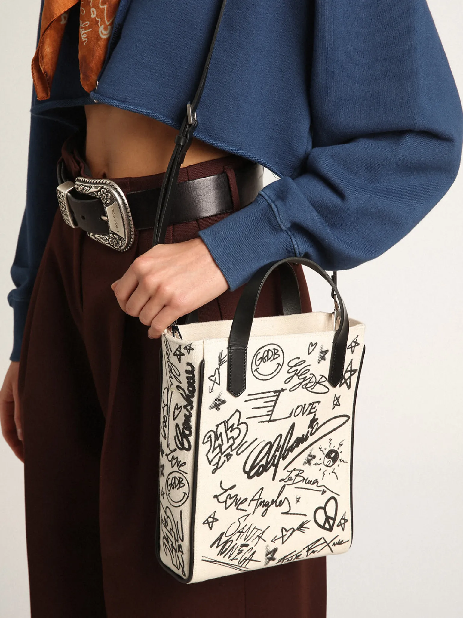 Outlet Bolsa Mini California feminina de algodão branco com estampa preta MULHER Minibolsas|Bolsas de mão