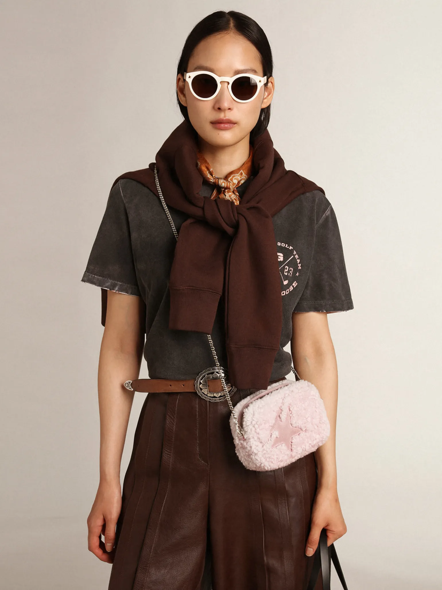 Store Bolsa Mini Star feminina de shearling rosa com estrela de suede MULHER Minibolsas|Bolsas tiracolo