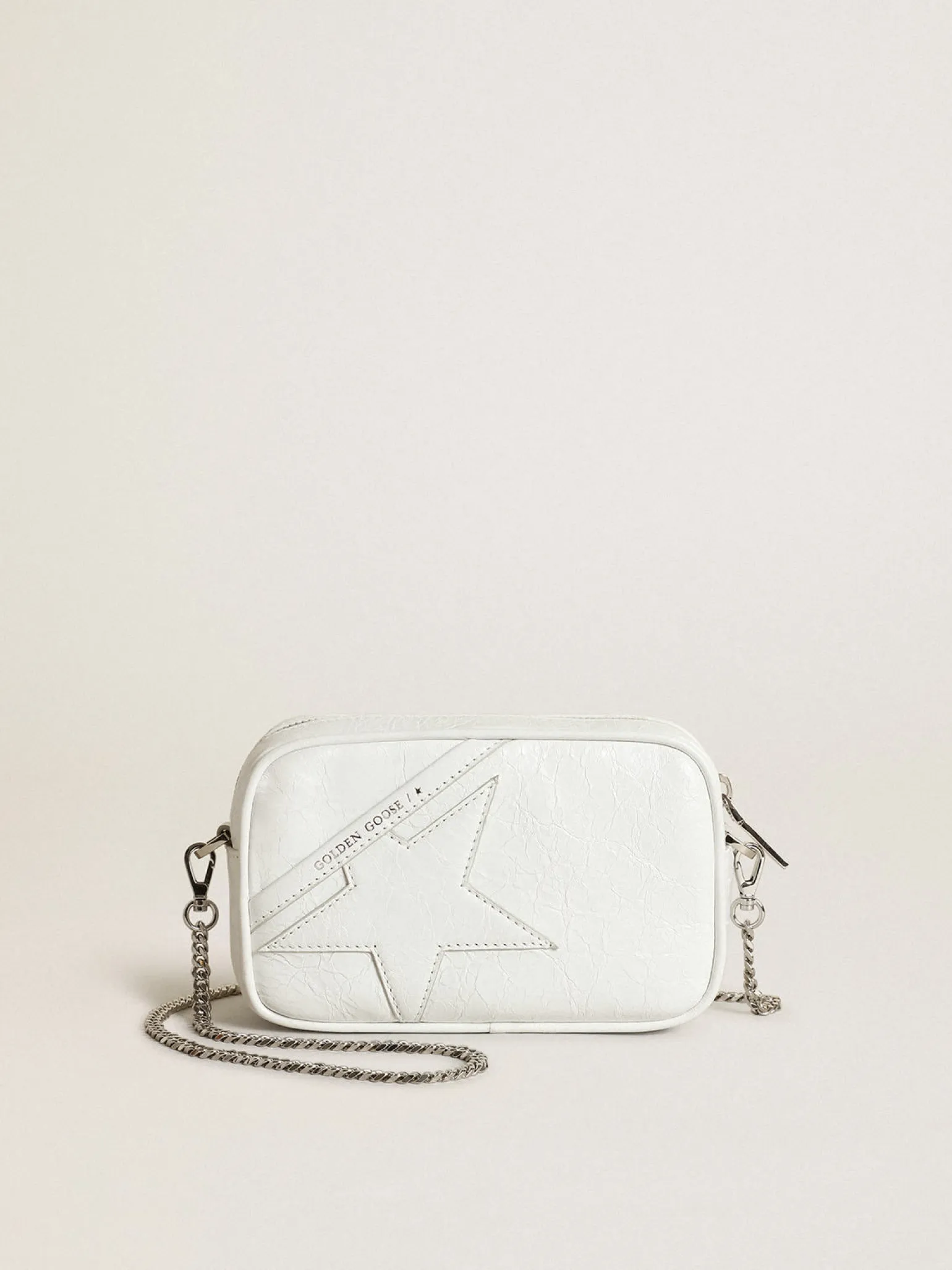 New Bolsa Mini Star feminina de couro brilhante branco com estrela tom sobre tom MULHER Minibolsas|Bolsas tiracolo