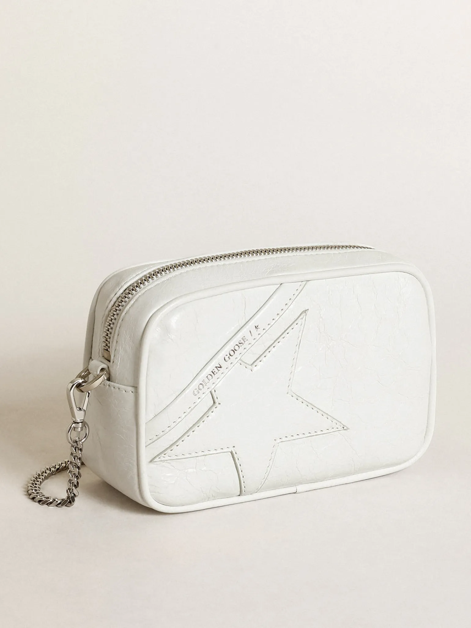 New Bolsa Mini Star feminina de couro brilhante branco com estrela tom sobre tom MULHER Minibolsas|Bolsas tiracolo