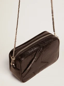 Fashion Bolsa Mini Star feminina de couro brilhante preto com estrela tom sobre tom MULHER Minibolsas|Bolsas tiracolo