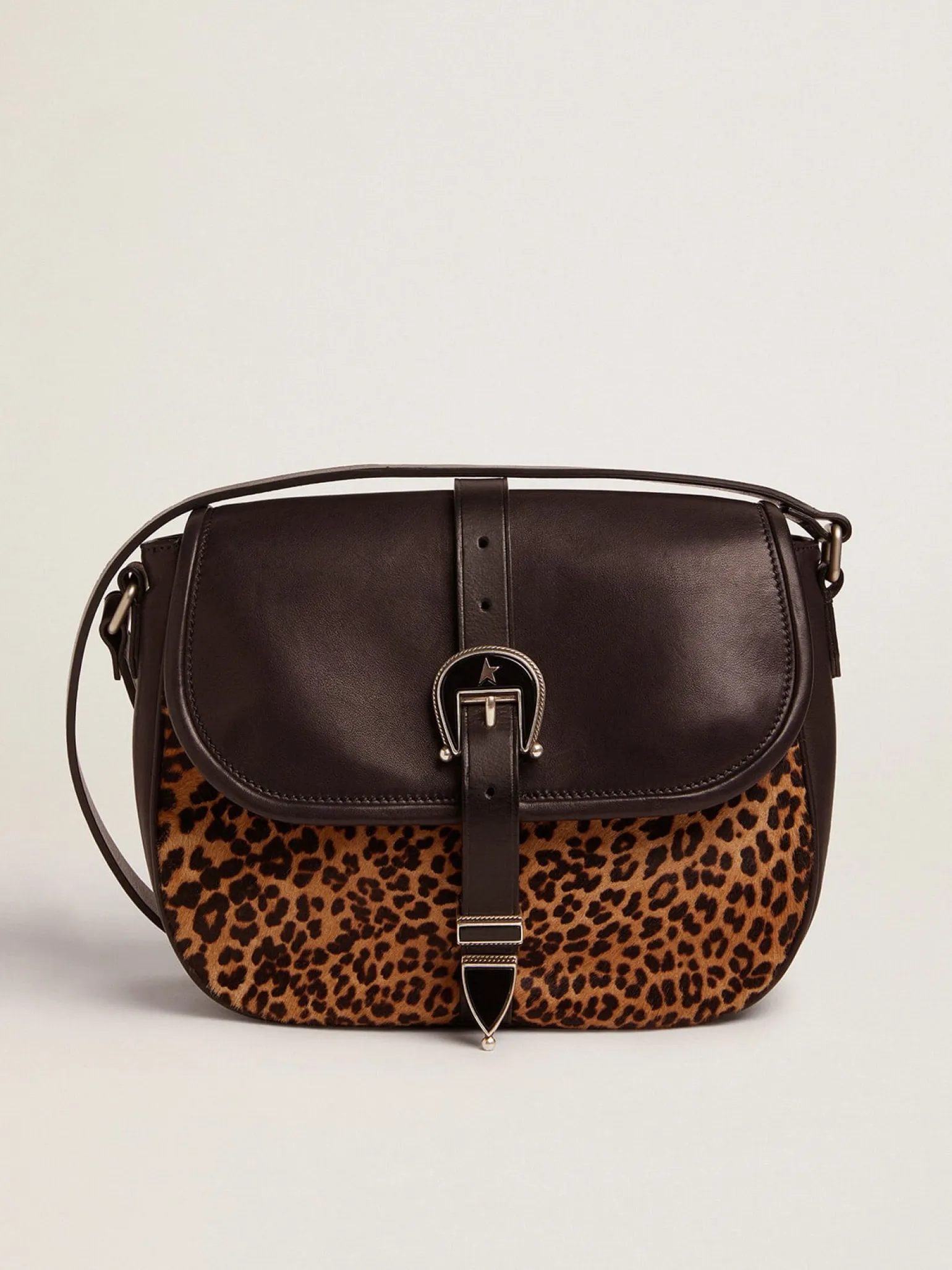 Best Sale Bolsa Rodeo média de couro preto e cavalinho com estampa de leopardo MULHER Bolsas tiracolo