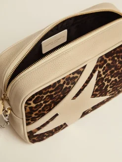 Flash Sale Bolsa Star branco leite com inserção de couro cavalinho com estampa de leopardo MULHER Bolsas tiracolo
