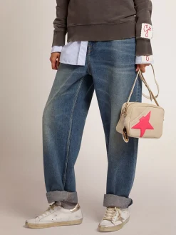 Best Sale Bolsa Star branco leite de couro martelado, estrela fúcsia com glitter iridescente MULHER Bolsas tiracolo