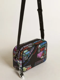 Fashion Bolsa Star feminina de couro martelado preto com estampa multicolorida MULHER Bolsas tiracolo