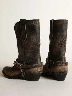 Cheap Bota de cano baixo feminina de couro preto brilhante com corrente MULHER Botas