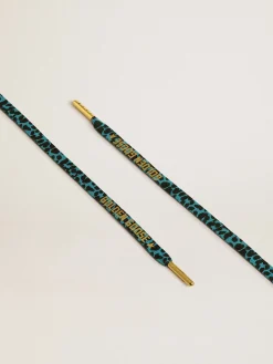 Online Cadarços salpicados em azul e preto com logo dourado em contraste MULHER Cadarços|Cadarços