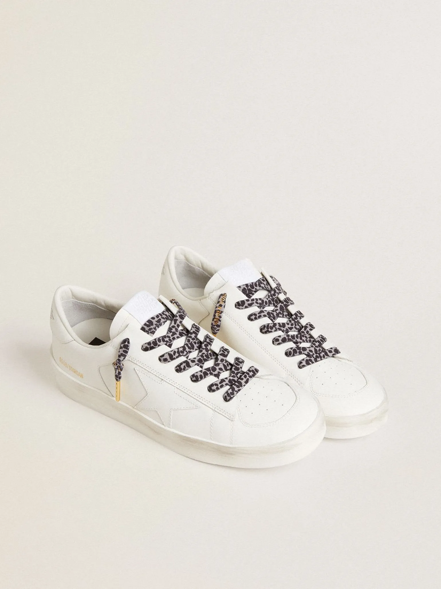 Fashion Cadarços salpicados em branco e preto com logo dourado em contraste MULHER Cadarços|Cadarços