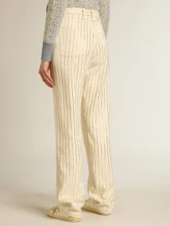 Cheap Calça branca com tachas tipo baguete aplicadas MULHER Jeans e calças