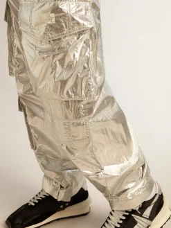Hot Calça cargo masculina de tecido técnico prateado Jeans e calças