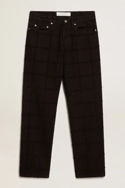 Online Calça de algodão preto com estampa xadrez efeito 3D Jeans e calças