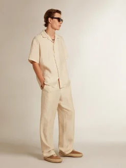 Fashion Calça de jogging de linho cor de pergaminho Jeans e calças
