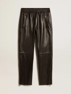 Fashion Calça de jogging preta de napa com zíper no fundo MULHER Jeans e calças