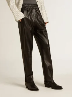 Fashion Calça de jogging preta de napa com zíper no fundo MULHER Jeans e calças