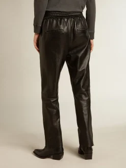 Fashion Calça de jogging preta de napa com zíper no fundo MULHER Jeans e calças
