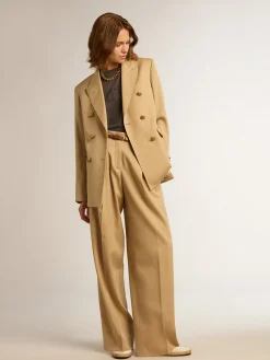 Sale Calça feminina de gabardine de lã cor areia MULHER Jeans e calças