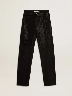 Cheap Calça feminina de jeans de algodão e cristais aplicados com efeito degradê MULHER Jeans e calças