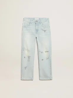 Sale Calça jeans desbotada infantil masculina com tratamento desgastado Bottoms (4-12 years)