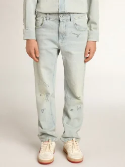 Sale Calça jeans desbotada infantil masculina com tratamento desgastado Bottoms (4-12 years)