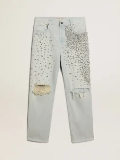 Store Calça jeans feminina desbotada com cristais cabochão MULHER Jeans e calças
