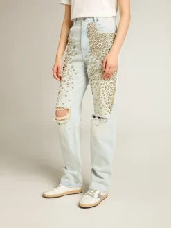 Store Calça jeans feminina desbotada com cristais cabochão MULHER Jeans e calças