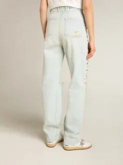 Store Calça jeans feminina desbotada com cristais cabochão MULHER Jeans e calças