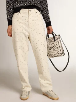 Online Calça jeans Kim Coleção Journey de algodão branco sujo com motivos de losangos e aplicação de pérolas e cristais MULHER Jeans e calças