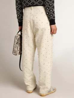 Online Calça jeans Kim Coleção Journey de algodão branco sujo com motivos de losangos e aplicação de pérolas e cristais MULHER Jeans e calças