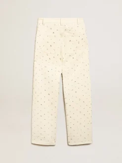 Online Calça jeans Kim Coleção Journey de algodão branco sujo com motivos de losangos e aplicação de pérolas e cristais MULHER Jeans e calças