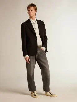 Clearance Camisa branca masculina de viscose com estampa de listras finas pretas Camisas