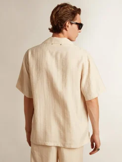 Hot Camisa de linho de manga curta cor de pergaminho Camisas