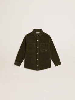 Clearance Camisa infantil masculina verde escura de algodão efeito aveludado Roupas de cima (4-12 years)