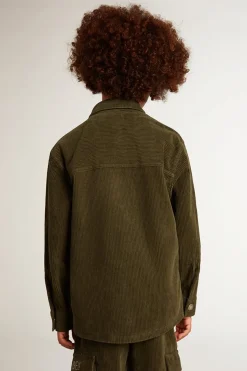Clearance Camisa infantil masculina verde escura de algodão efeito aveludado Roupas de cima (4-12 years)
