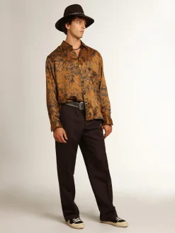 New Camisa masculina marrom-dourada e estampa caderno de viagem Camisas