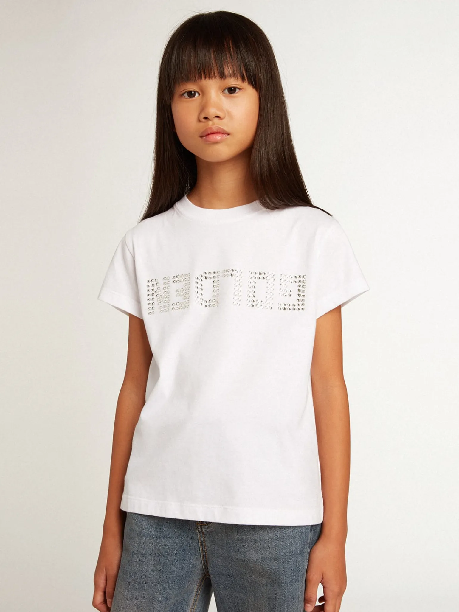 Best Camiseta branca com a palavra Golden em cristais no centro Roupas de cima (4-12 years)