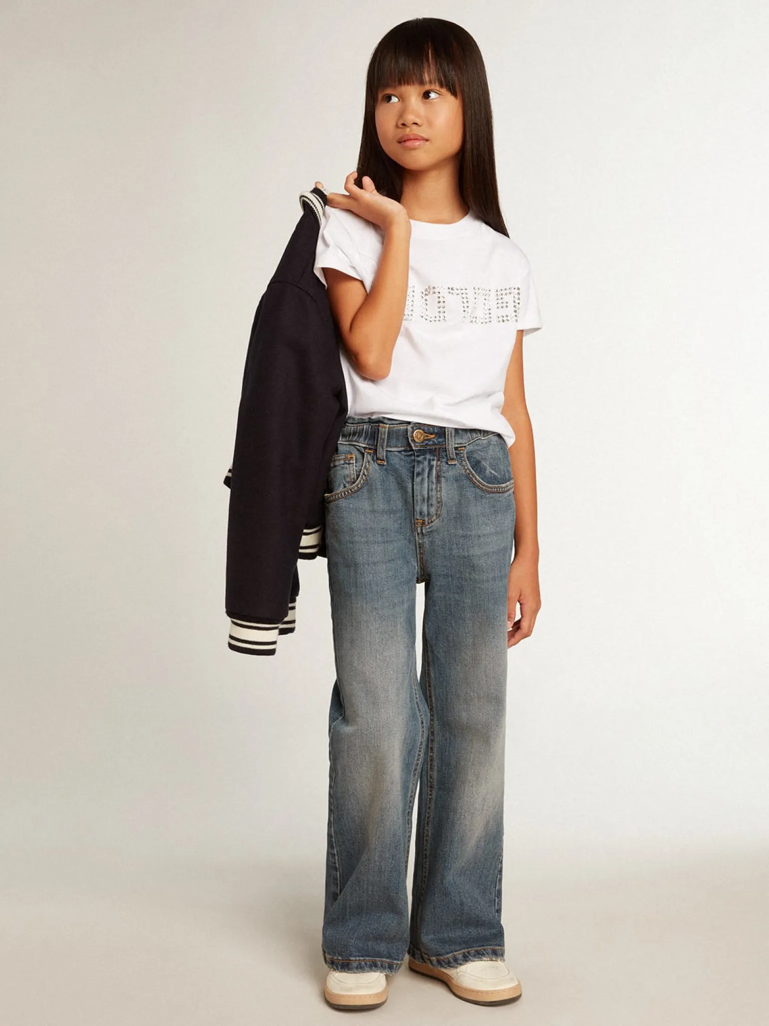 Best Camiseta branca com a palavra Golden em cristais no centro Roupas de cima (4-12 years)