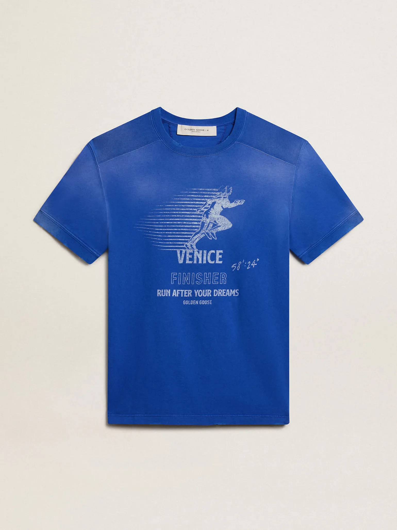 Fashion Camiseta de algodão azul com imagem Marathon na frente Camisetas