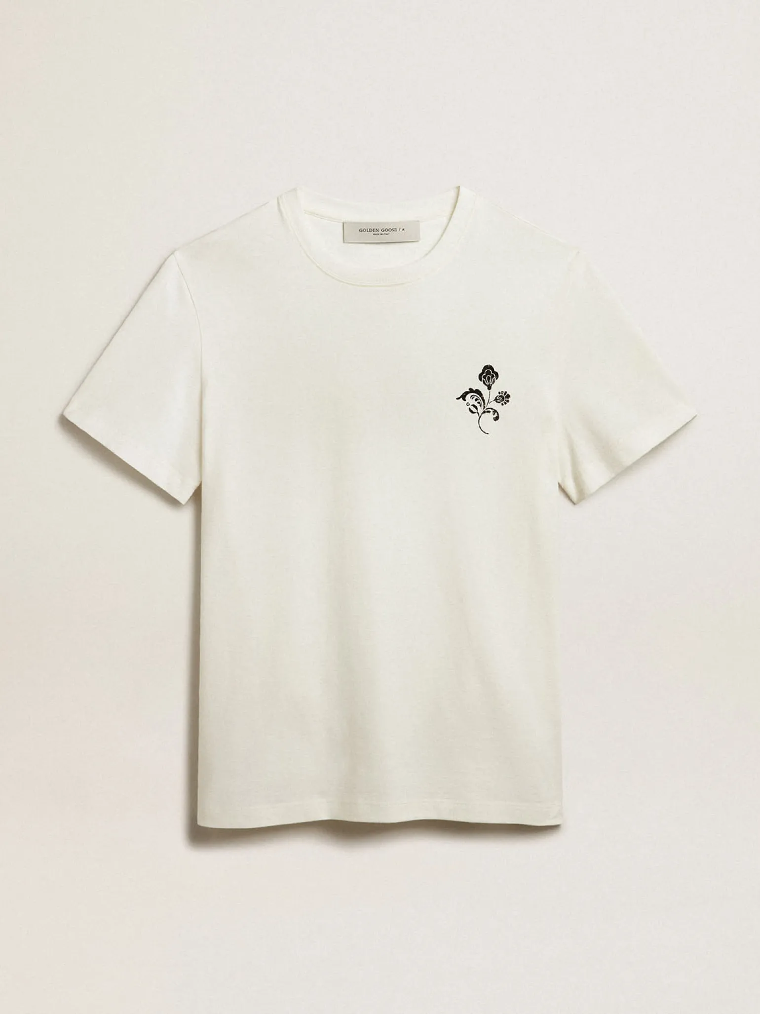 Fashion Camiseta de algodão branco com flor estampada na frente Beachwear|Camisetas