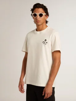 Fashion Camiseta de algodão branco com flor estampada na frente Beachwear|Camisetas