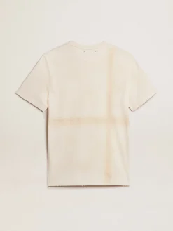 New Camiseta de algodão branco usado com escrita no bolso Camisetas