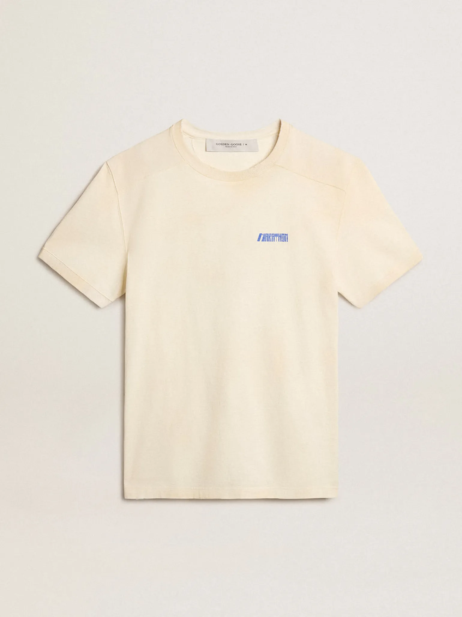 Cheap Camiseta de algodão branco usado com logo Marathon azul Camisetas